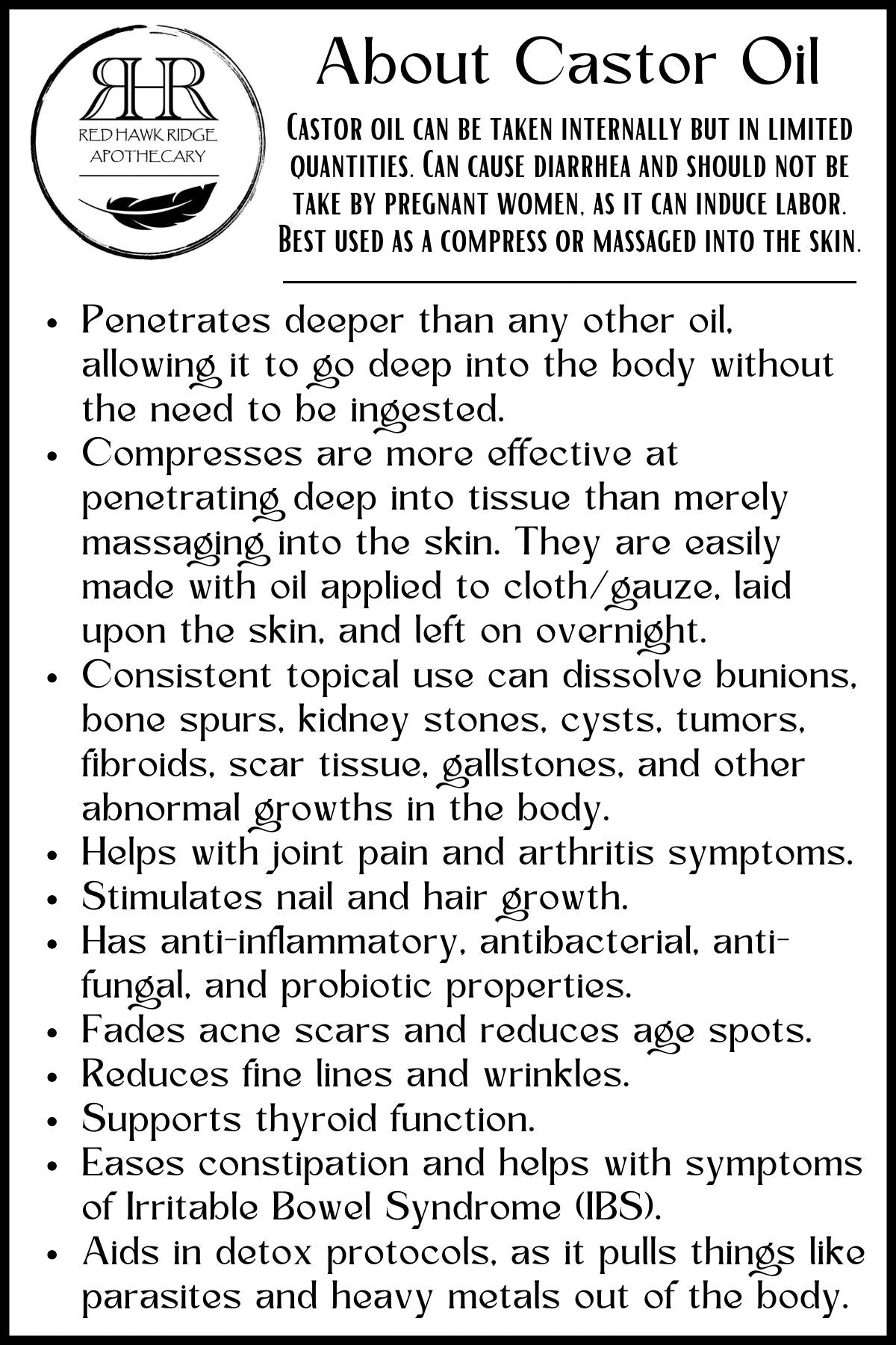 Black and white text about castor oil with a logo in the corner.