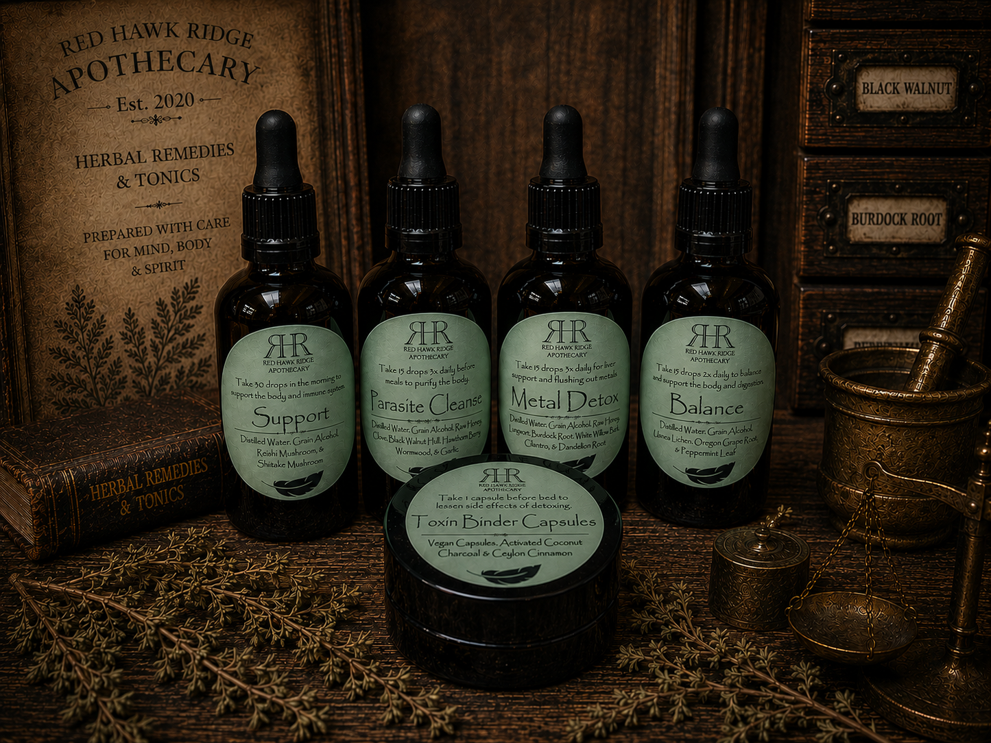 Four bottles of herbal remedies with dropper tops on a wooden surface, surrounded by vintage books and medical tools.