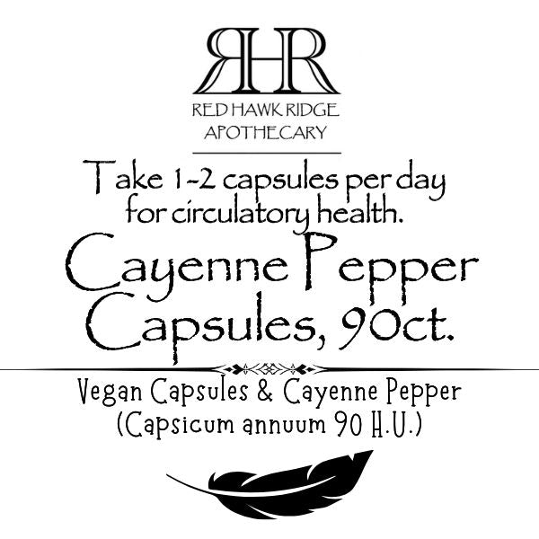 Red Hawk Ridge Apothecary cayenne pepper capsules label with text and branding.