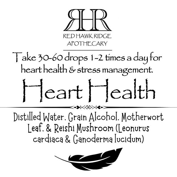 Heart health tincture label with text and logo.