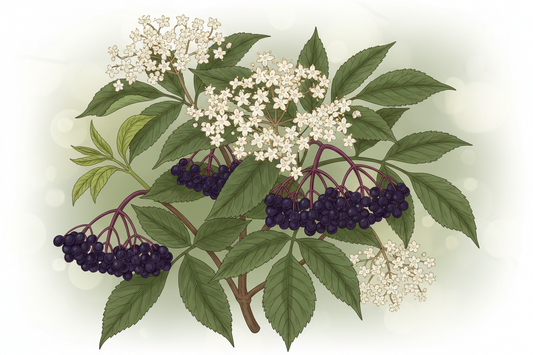 Elder (Sambucus nigra) plant with clusters of dark elderberries