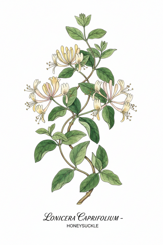 Honeysuckle botanical illustration — Lonicera japonica flowers and vine