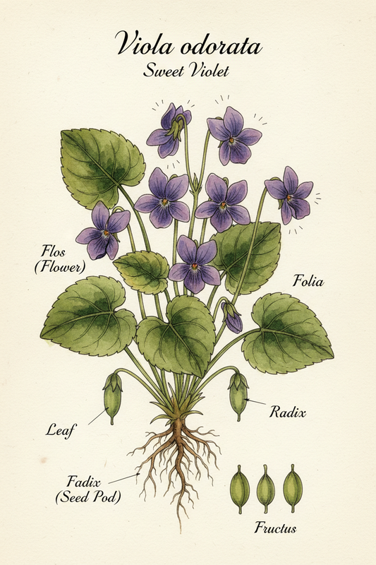 Sweet violet botanical illustration — Viola odorata flowers and leaves