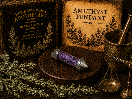 Amethyst pendant with Red Hawk Ridge Apothecary packaging and a scale on a wooden surface.