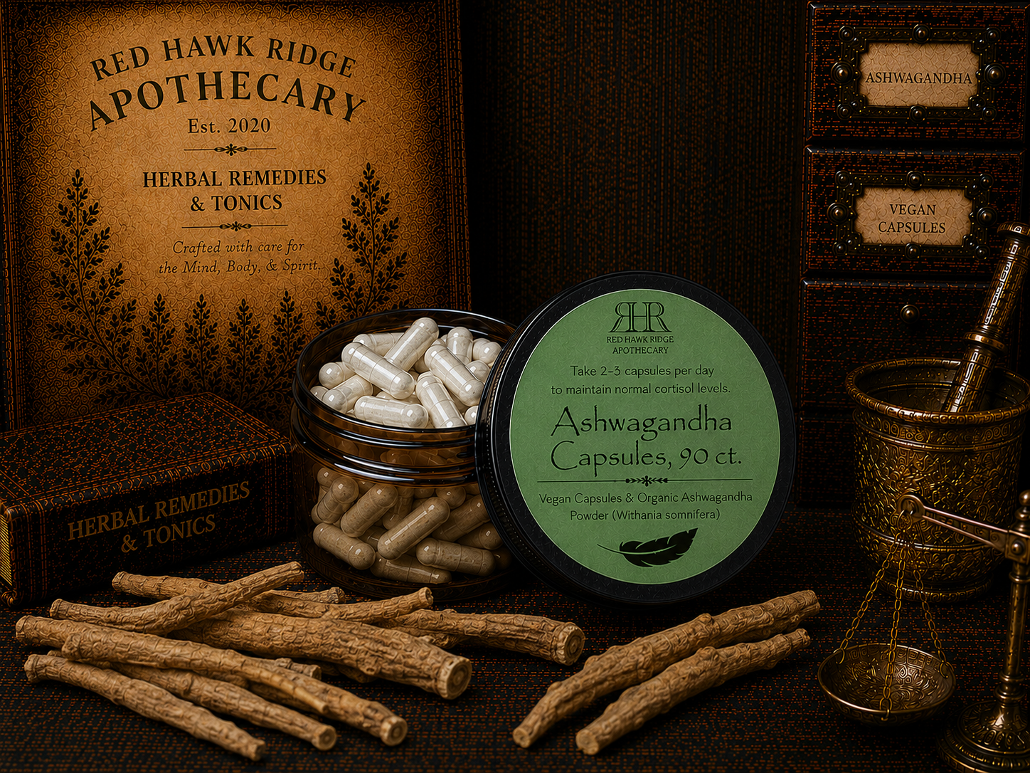 Red Hawk Ridge Apothecary Ashwagandha capsules with herbs and packaging on a dark surface.