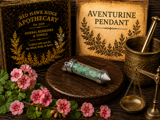 Herbal remedies and a pendant with flowers and a mortar and pestle in the background.