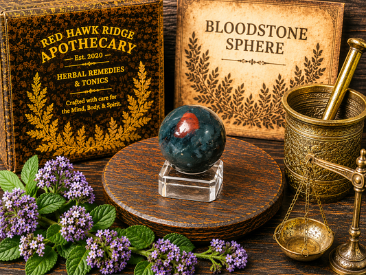 Herbal remedies and apothecary items including a 'Red Hawk Ridge Apothecary' box, 'Bloodstone Sphere', and a mortar and pestle on a wooden surface.