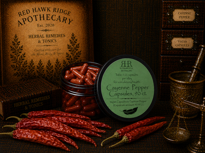 Red Hawk Ridge Apothecary cayenne pepper capsules with red peppers and an apothecary sign.