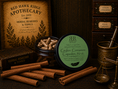 Red Hawk Ridge Apothecary cinnamon capsules with packaging and cinnamon sticks on a wooden surface.