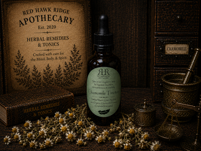 Bottle of Red Hawk Ridge Apothecary tonic with a book and herbs on a wooden surface
