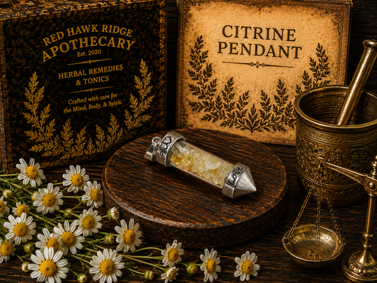 Red Hawk Ridge Apothecary Citrine Pendant with herbs and mortar and pestle on wooden surface