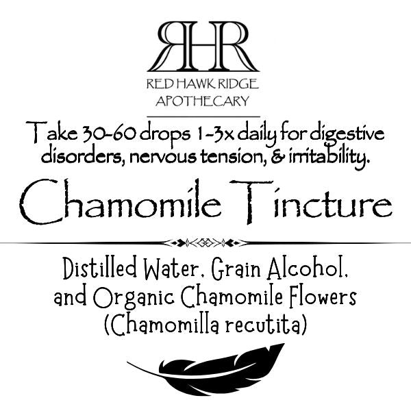 Red Hawk Ridge Apothecary chamomile tincture label with text and logo.