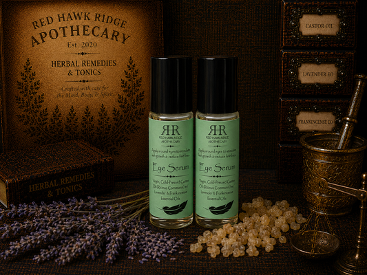 Two bottles of Red Hawk Ridge Apothecary Eye Serum on a wooden surface with herbs and a box in the background.