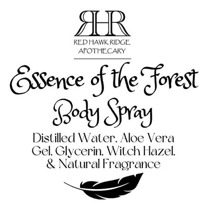 Advertisement for Red Hawk Ridge Apothecary's 'Essence of the Forest' body spray with product details.