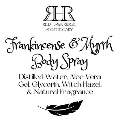 Red Hawk Ridge Apothecary Frankincense & Myrrh Body Spray label with feather design.