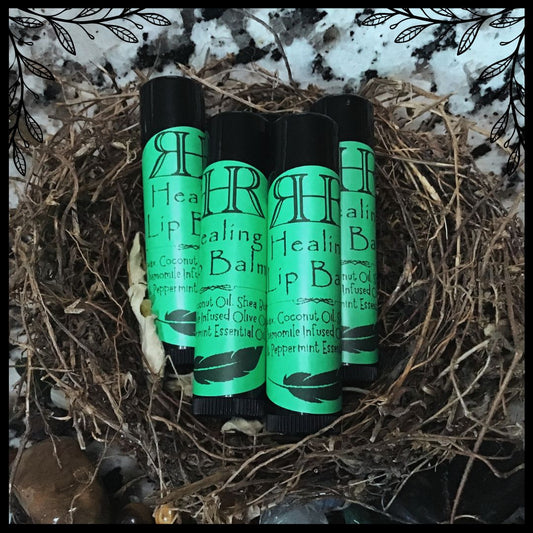 Four green and black lip balm tubes labeled 'RHR Healing Lip Balm' on a natural background.