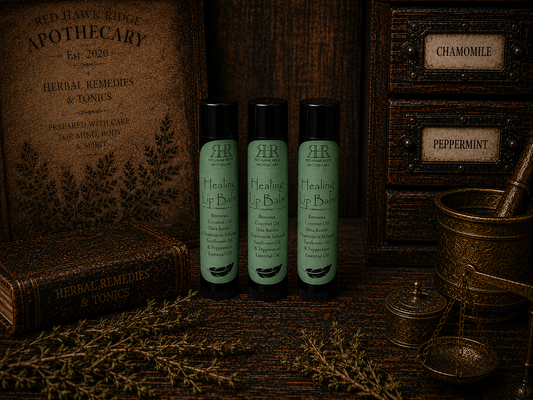 Three lip balm containers labeled 'Healing' on a wooden surface with a vintage apothecary theme.