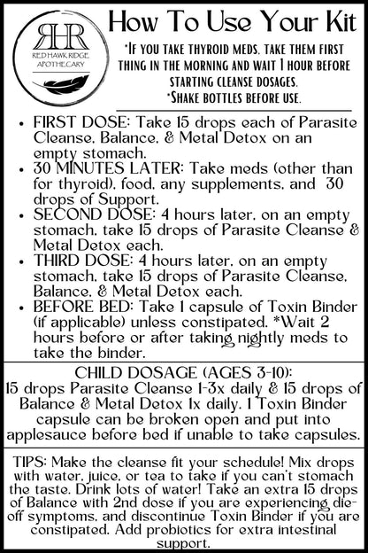Instructions for using a health supplement kit with dosage details.