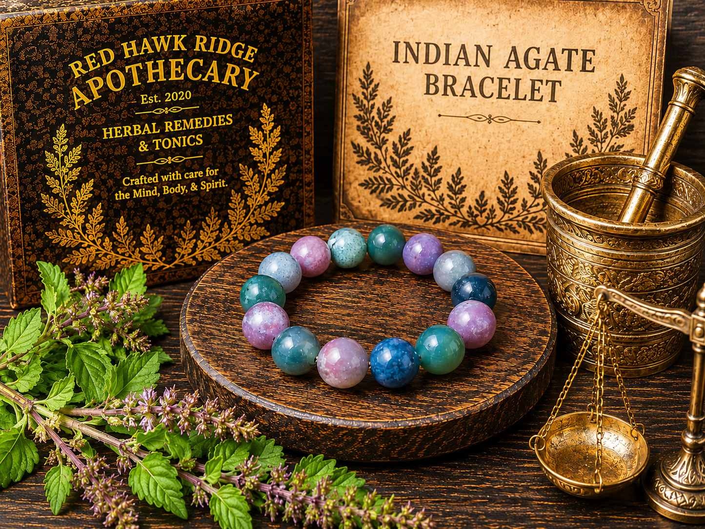 Colorful bracelet on a wooden stand with herbs and apothecary-themed decor.