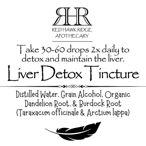 Liver Detox Tincture label from Red Hawk Ridge Apothecary with text and a feather graphic.