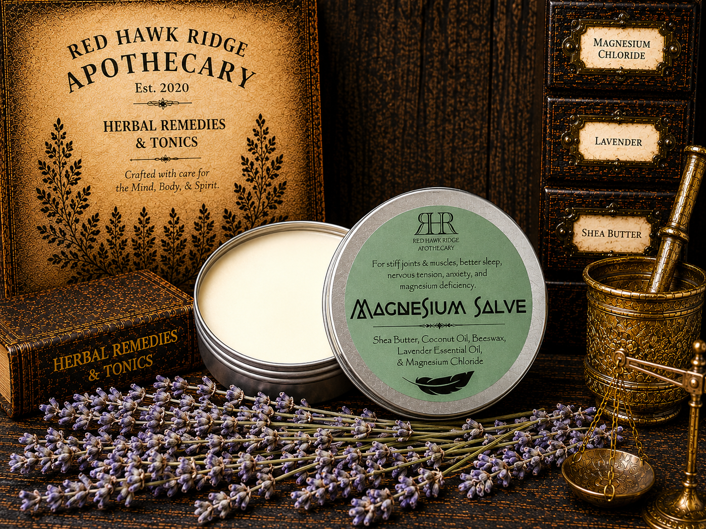 Red Hawk Ridge Apothecary magnesium salve with packaging and lavender flowers on a wooden background.