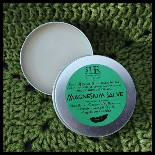 Magnesium salve tin with green label on a green textured background