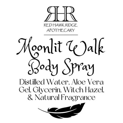 Red Hawk Ridge Apothecary Moonlit Walk Body Spray label with feather design on a white background