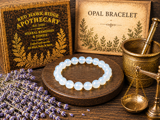 Opal bracelet on a wooden stand with Red Hawk Ridge Apothecary branding and herbs in the background.