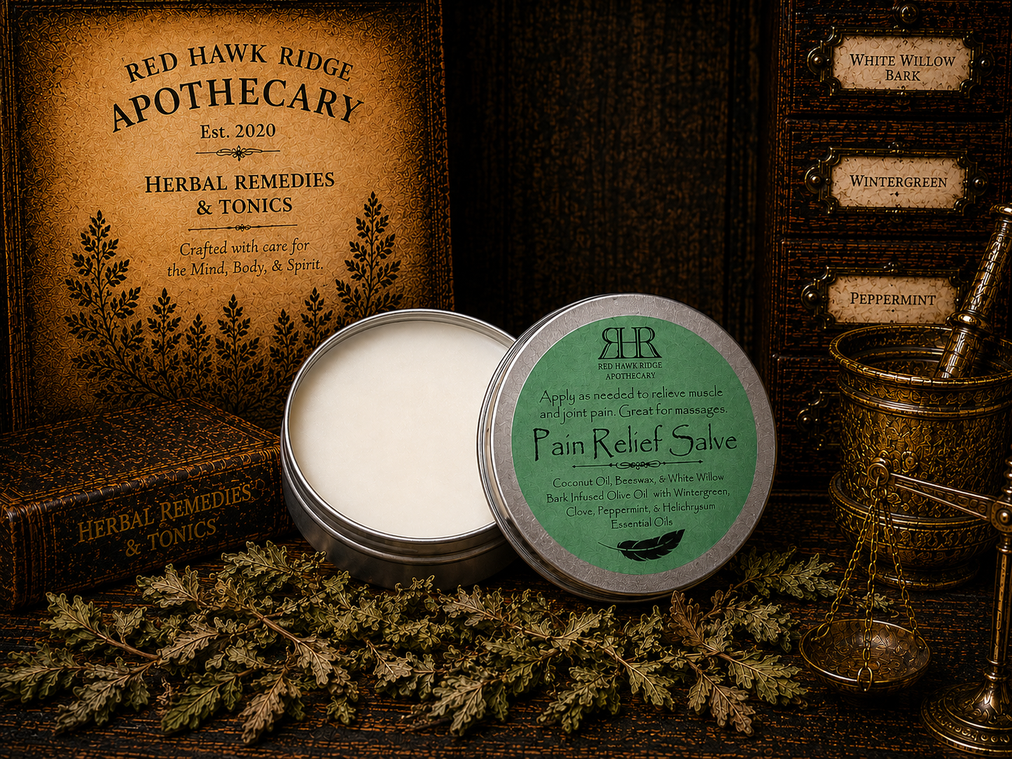 Red Hawk Ridge Apothecary Pain Relief Salve with apothecary-themed background