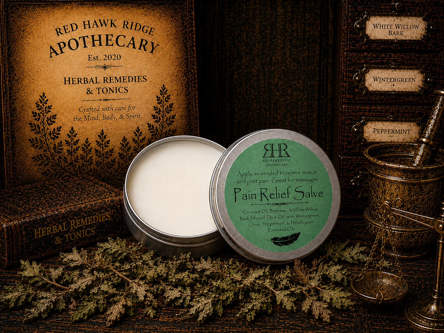 Red Hawk Ridge Apothecary Pain Relief Salve with apothecary-themed background
