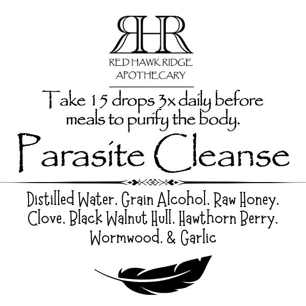 Red Hawk Ridge Apothecary parasite cleanse label with text and logo.