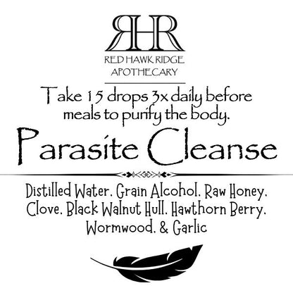 Red Hawk Ridge Apothecary parasite cleanse label with text and logo.