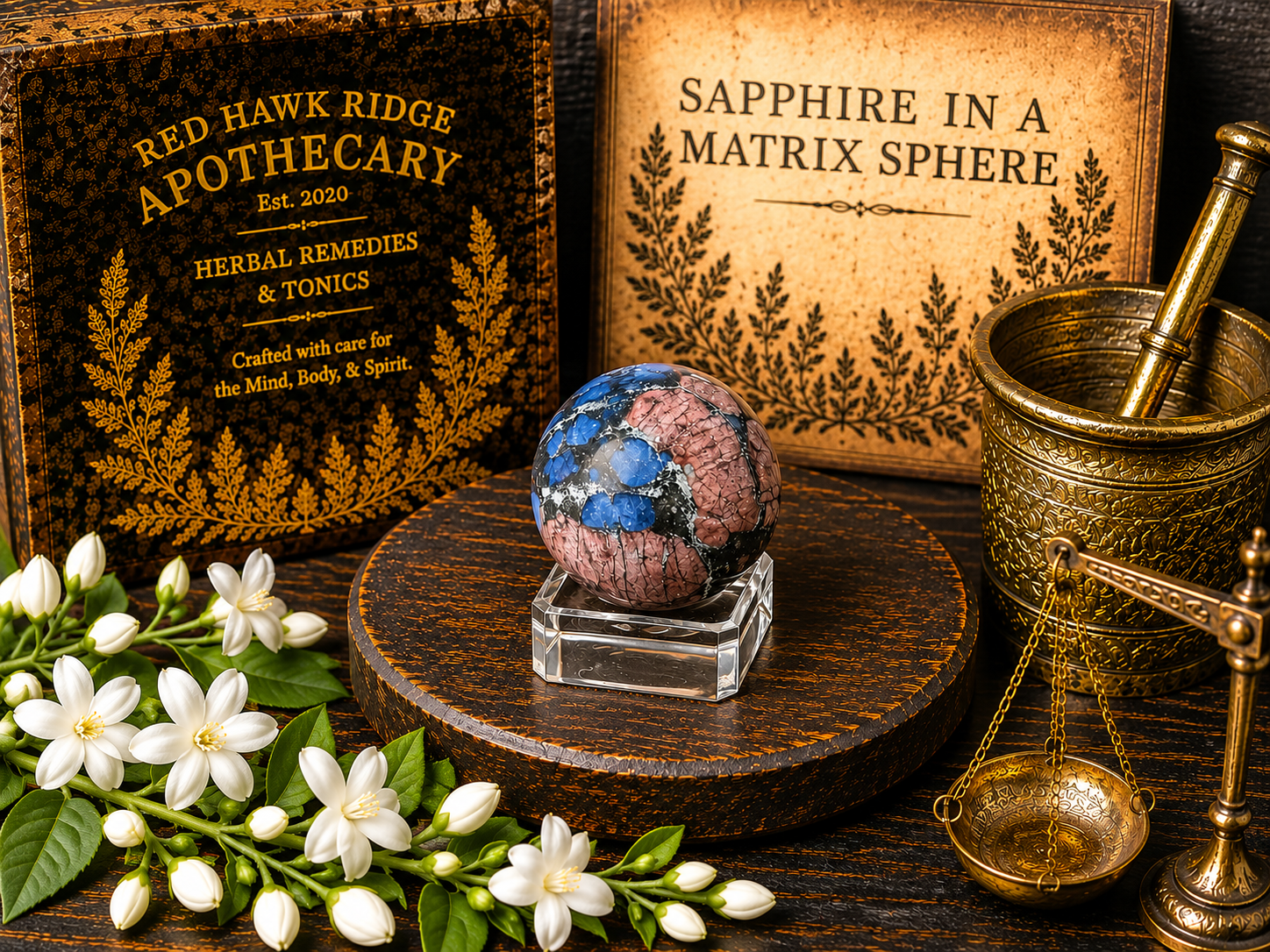 Crystal sphere on a stand with a wooden box labeled 'Red Hawk Ridge Apothecary' and a brass scale in the background.