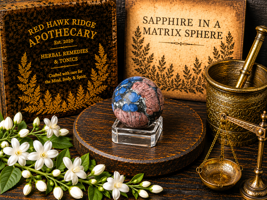 Crystal sphere on a stand with a wooden box labeled 'Red Hawk Ridge Apothecary' and a brass scale in the background.