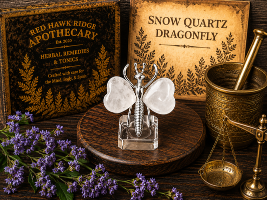 Herbal remedies with a crystal dragonfly figure on a wooden surface