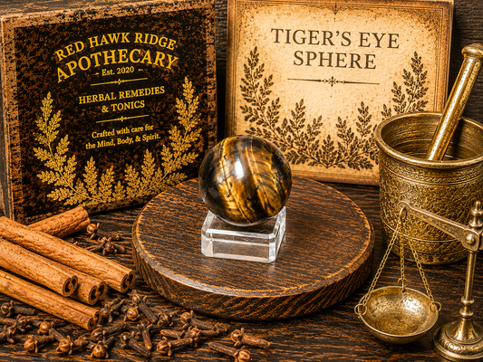 Herbal remedies and tinctures with a tiger's eye sphere on a wooden surface.