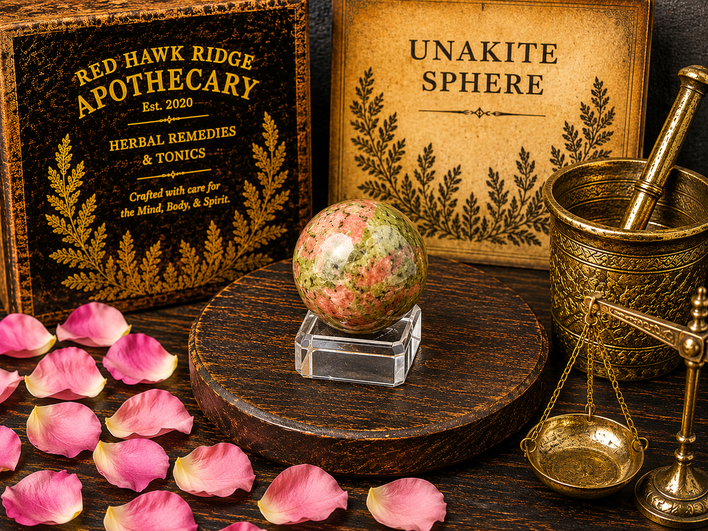 Red Hawk Ridge Apothecary box, Unakite Sphere, and gold mortar and pestle on a wooden surface with pink petals.
