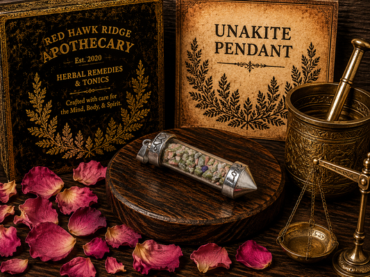 Herbal remedies with a Unakite pendant and Red Hawk Ridge Apothecary box on a wooden surface.