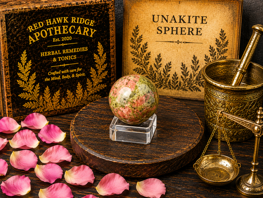 Red Hawk Ridge Apothecary box, Unakite Sphere, and gold mortar and pestle on a wooden surface with pink petals.