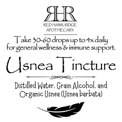 Usnea Tincture label from Red Hawk Ridge Apothecary with text and a feather graphic.