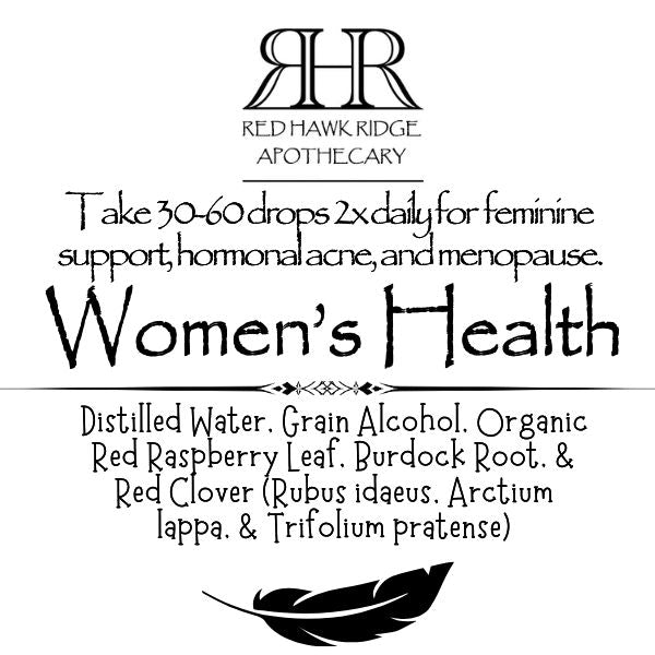 Women's health tincture label with text and logo.